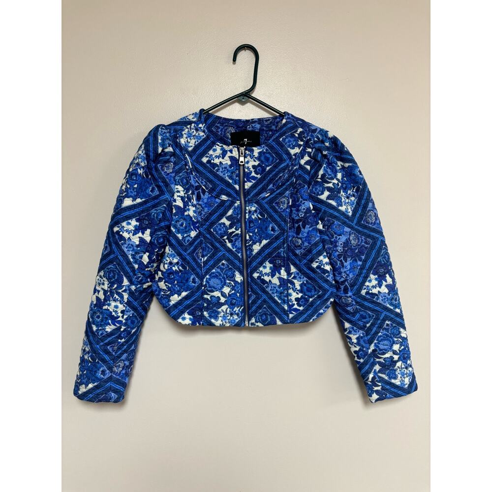 7 For All Mankind Blue Printed Cropped Jacket